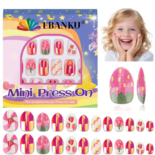 EBANKU Kids Strawberry Press On Nails 24PCS Almond Nail Kit