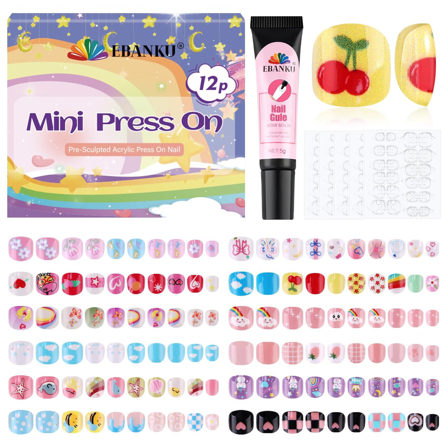 EBANKU 288PCS Kids Press On Nails 12 Pack with Glue & Tabs