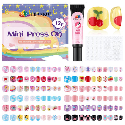 EBANKU 288PCS Kids Press On Nails 12 Pack with Glue & Tabs