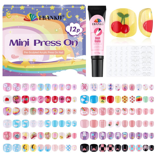 EBANKU 288PCS Kids Press On Nails 12 Pack with Glue & Tabs