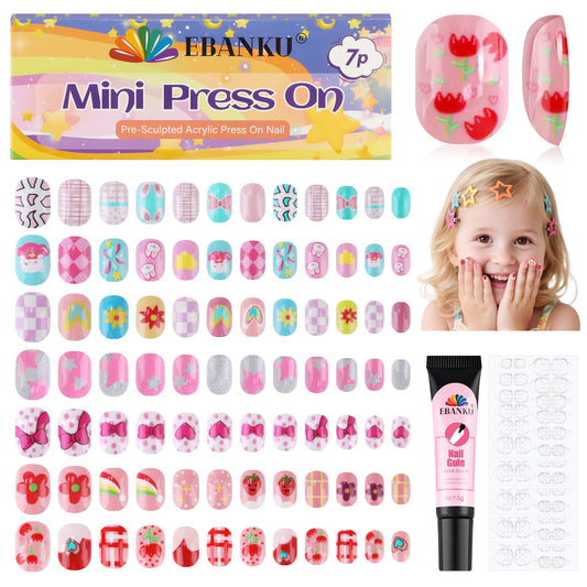 EBANKU 168PCS Kids Press On Nails 7 Pack Gradient Nail Kit