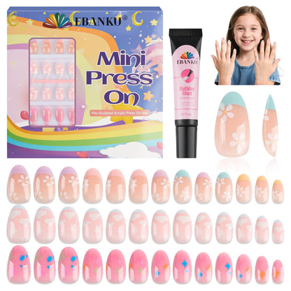 EBANKU 78Pcs Kids Press On Nails Pink Cloud Set