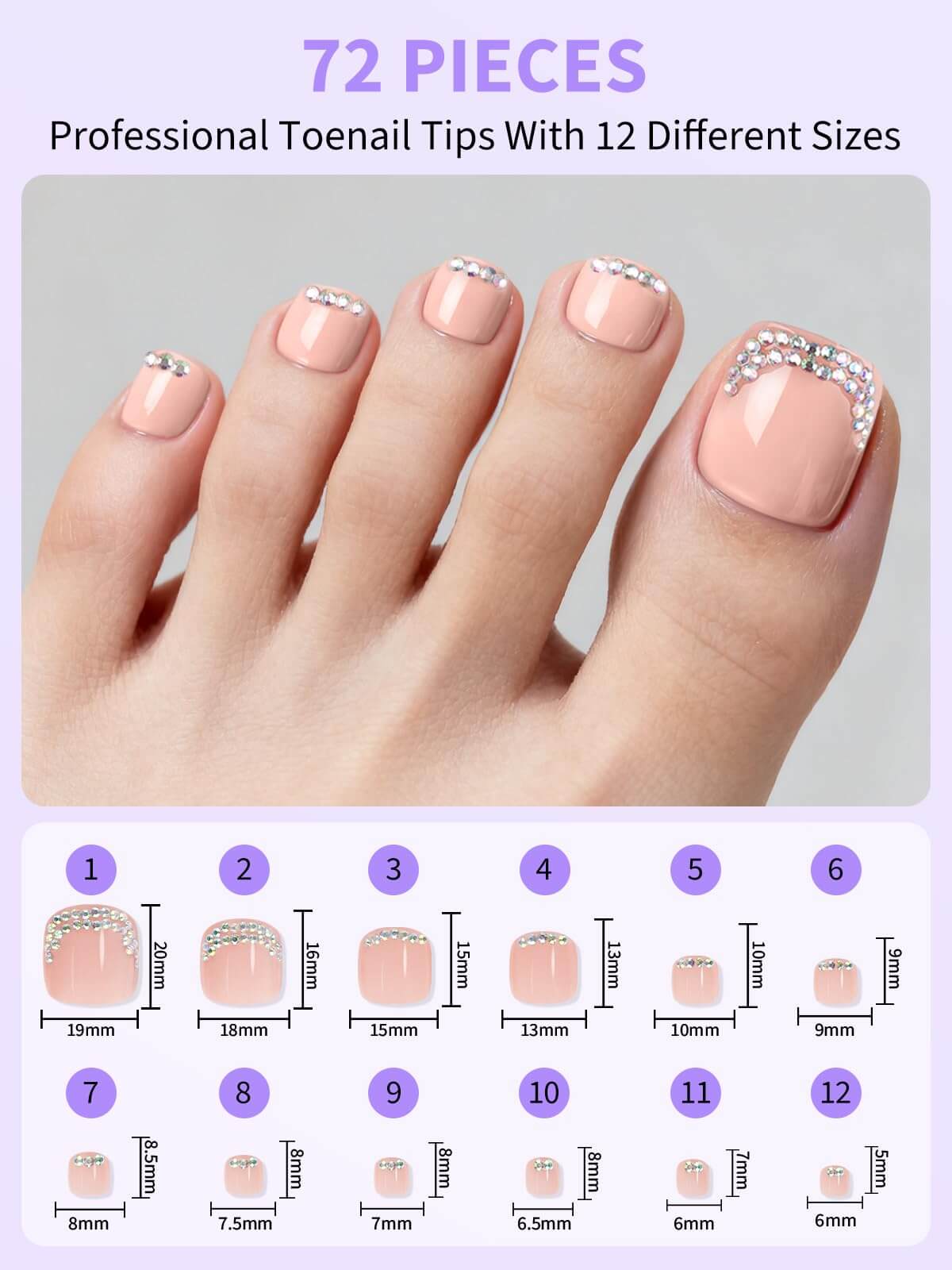 EBANKU Rhinestone French Tip Press On Toenails 72PCS Nude Pink