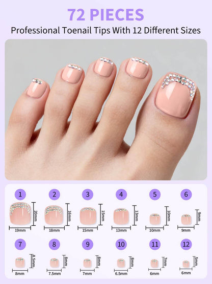 EBANKU Rhinestone French Tip Press On Toenails 72PCS Nude Pink