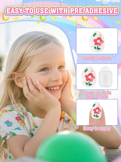 EBANKU 144Pcs Kids Press On Nails Pink Gold Flower Set
