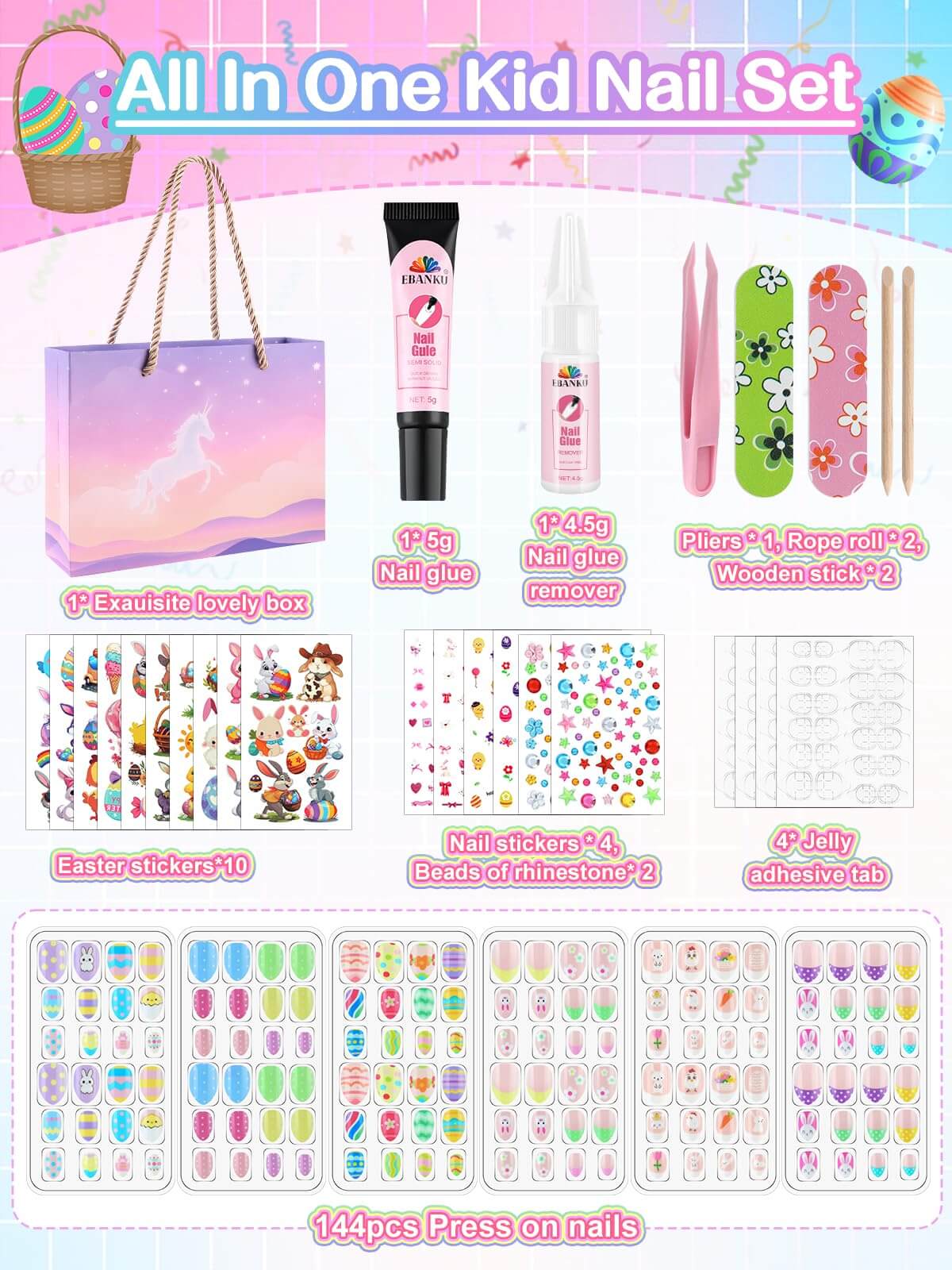 EBANKU Kids Press On Nails Gift Box, 156 Pcs Cute Fake Nails Set