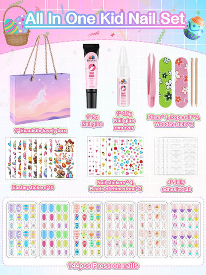 EBANKU Kids Press On Nails Gift Box, 156 Pcs Cute Fake Nails Set