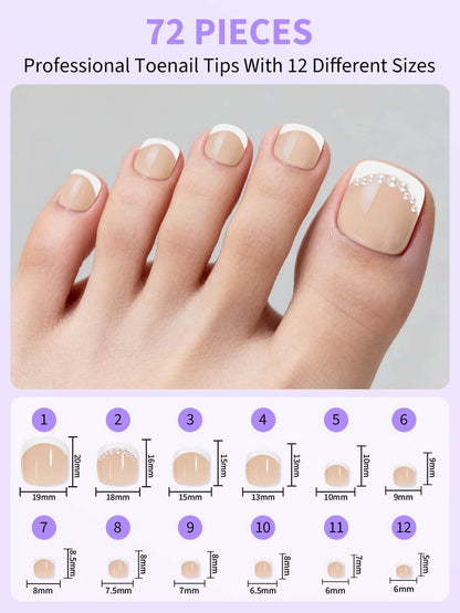 EBANKU French Tip Press On Toenails 72PCS Short Square Tips