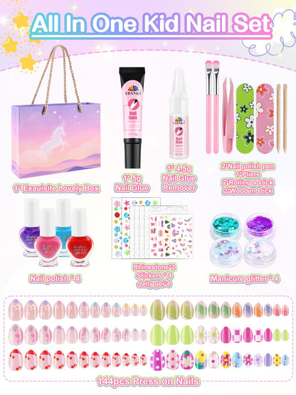 EBANKU 144 Pcs Kids Press On Nail Gift Box with Nail Polish Kit