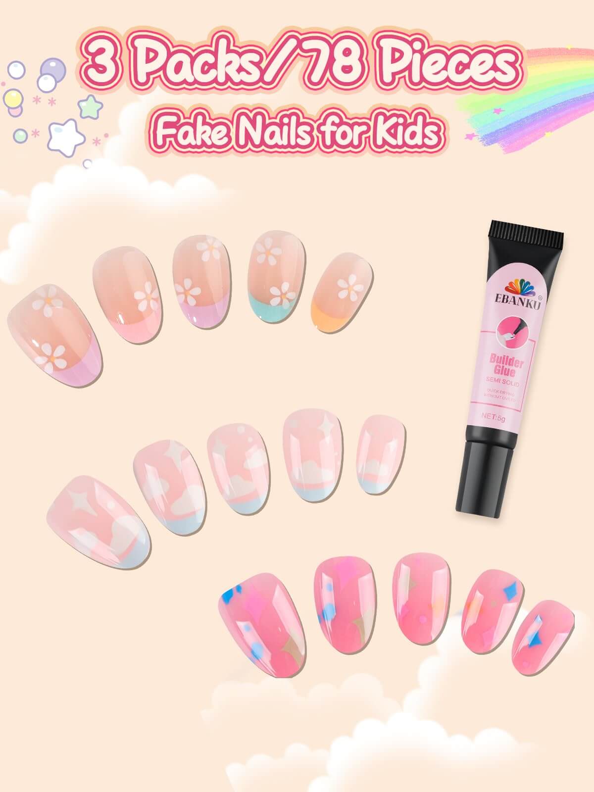 EBANKU 78Pcs Kids Press On Nails Pink Cloud Set