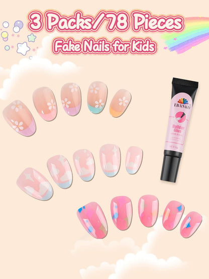 EBANKU 78Pcs Kids Press On Nails Pink Cloud Set