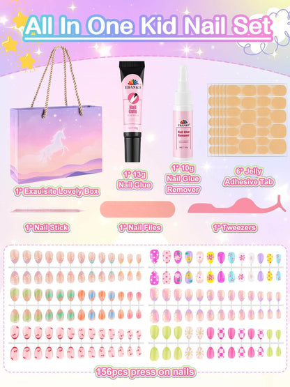 EBANKU 156PCS Kids Press On Nails Gift Set 6 Styles with Glue