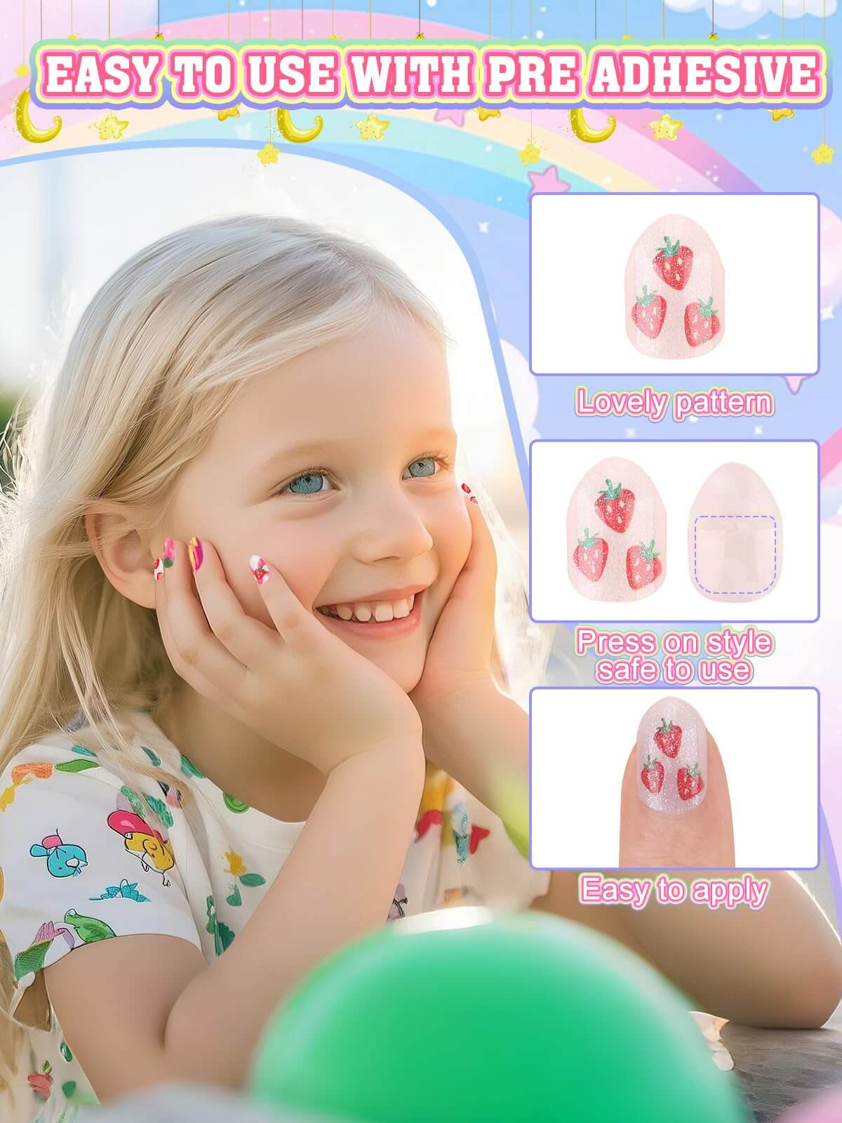 EBANKU 72Pcs Kids Press On Nails Gold Strawberry Set