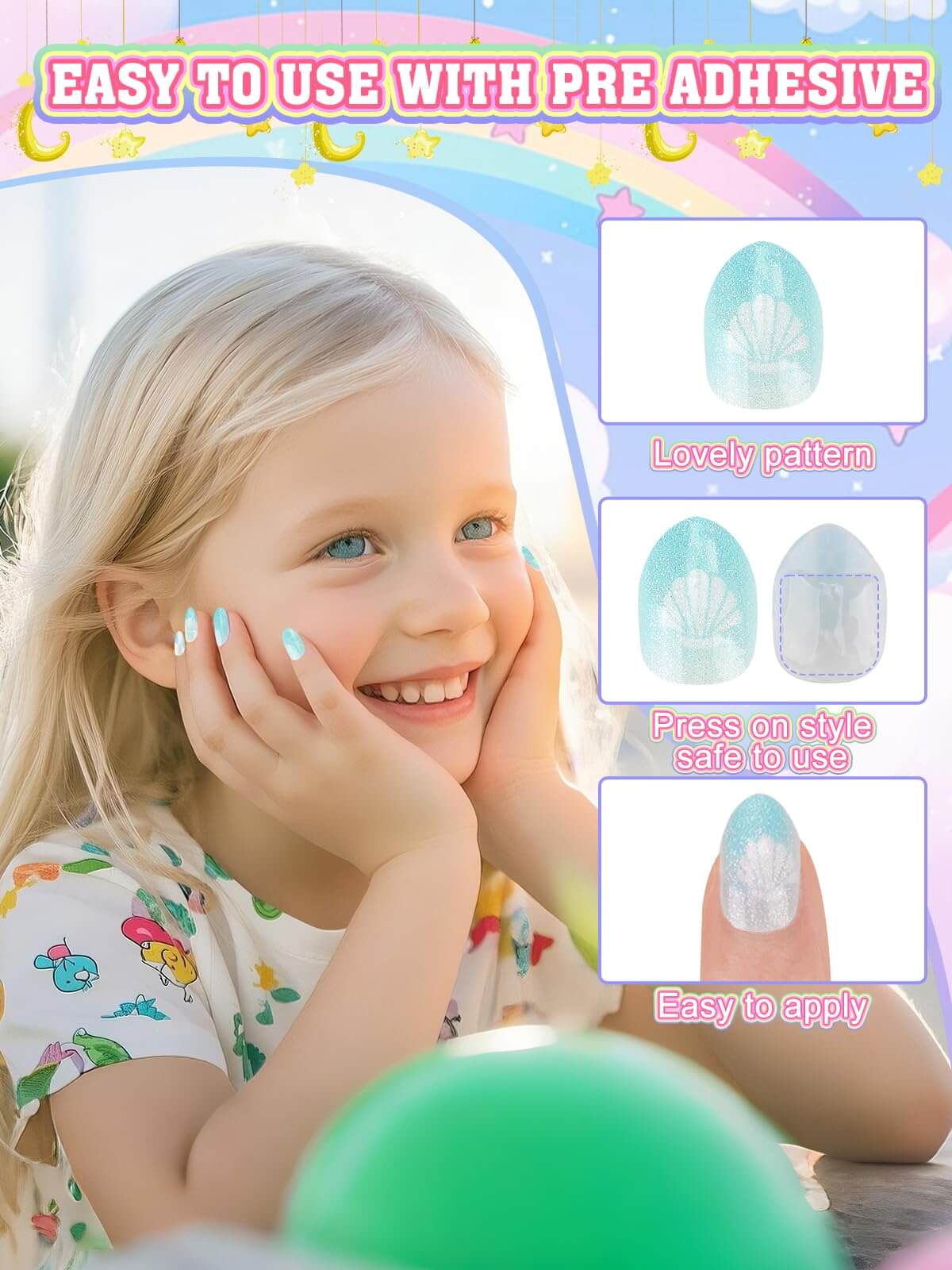 EBANKU 72Pcs Kids Press On Nails 3 Pack Full Cover Set