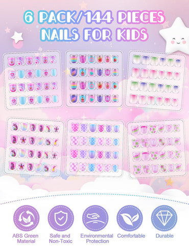 EBANKU 144PCS Mini Kids Press On Nails 6 Pack Pink Nail Kit