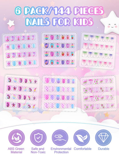 EBANKU 144PCS Mini Kids Press On Nails 6 Pack Pink Nail Kit