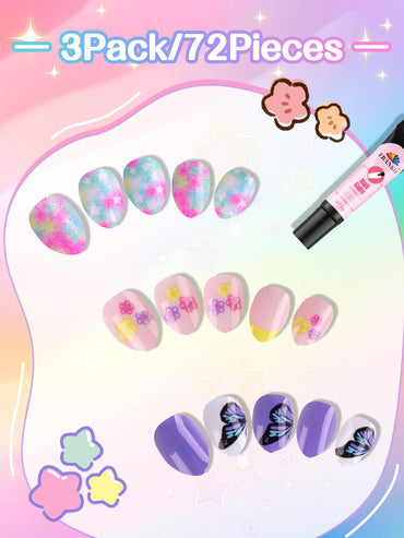 EBANKU 72PCS Kids Press On Nails Butterfly Flower Nail Kit