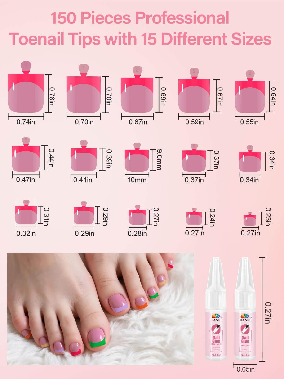 EBANKU French Tip Press On Toenails 150PCS Colorful Square Tips