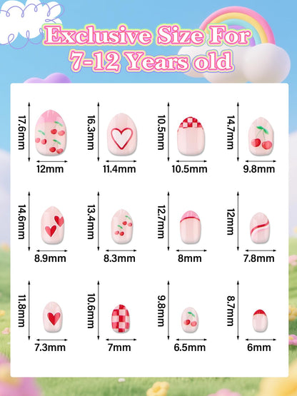EBANKU 24PCS Kids Press On Nails Cherries Fake Nail Kit for Girls