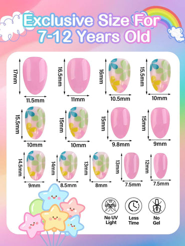 EBANKU 78PCS Kids Press On Nails Pink Flower Fake Nail Kit with Glue