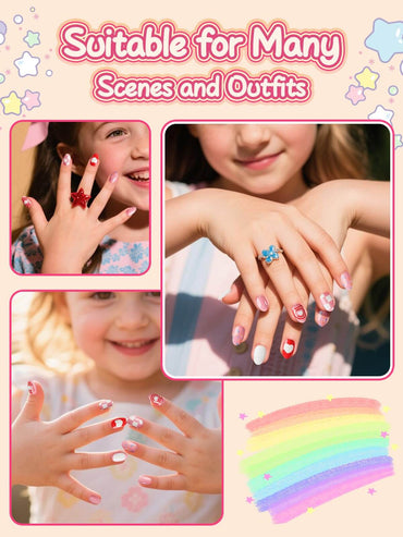 EBANKU Kids Press On Nails 26Pcs Pink Heart Grid Set