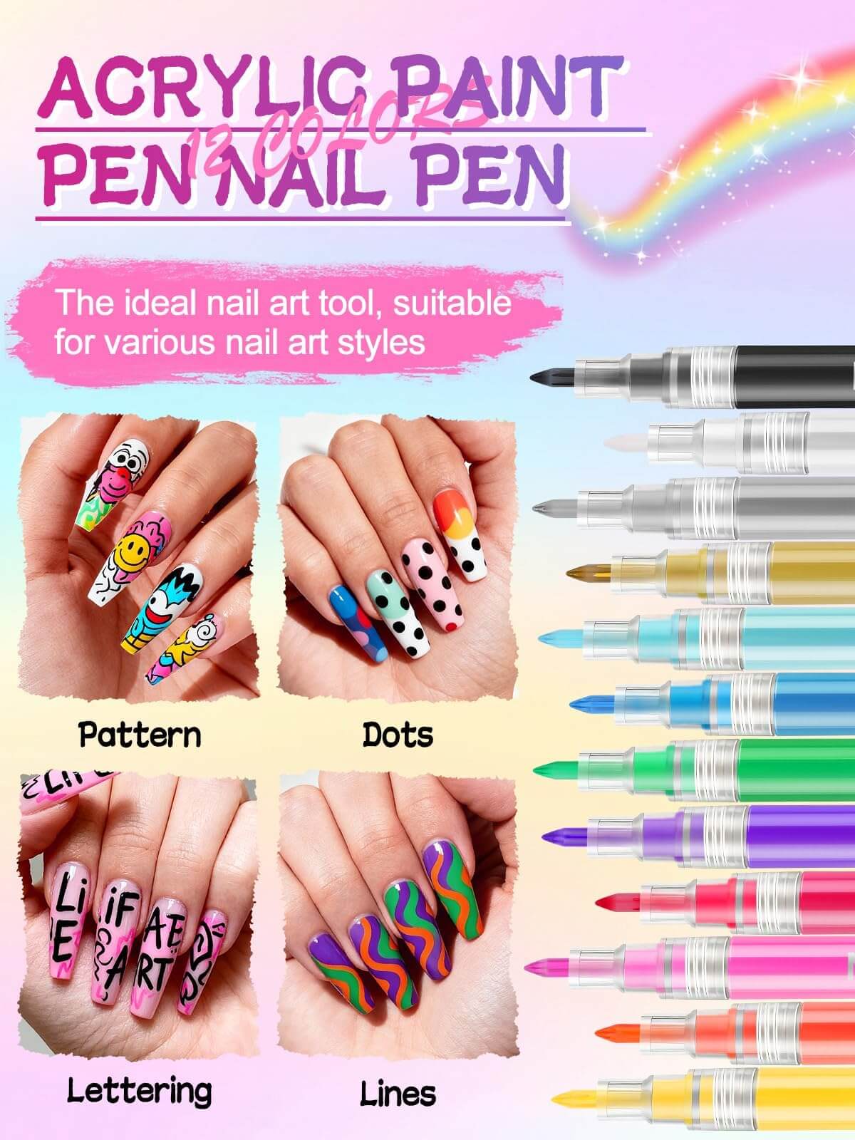 EBANKU 12 Colors Nail Art Pens Set 0.7mm 3D Nail Polish Markers