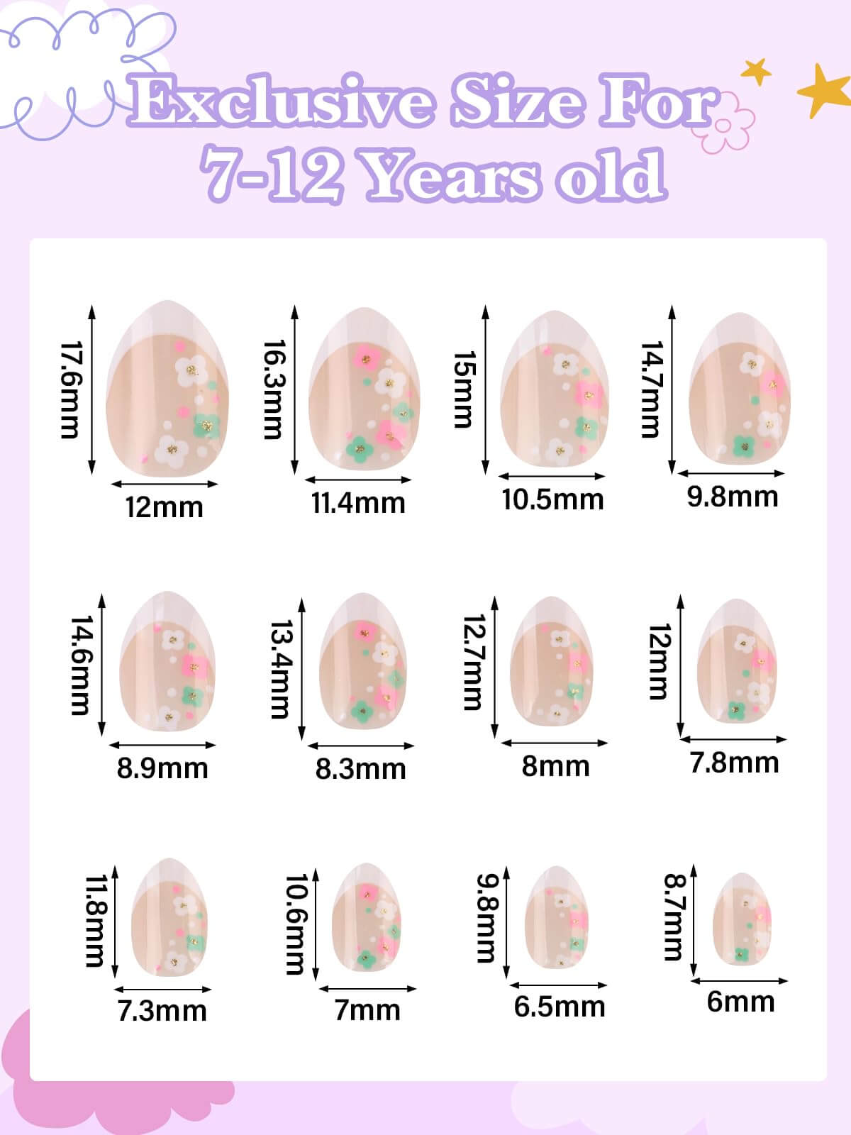 EBANKU Kids Press On Nails 24 Pcs Mini Flower French Fake Nails