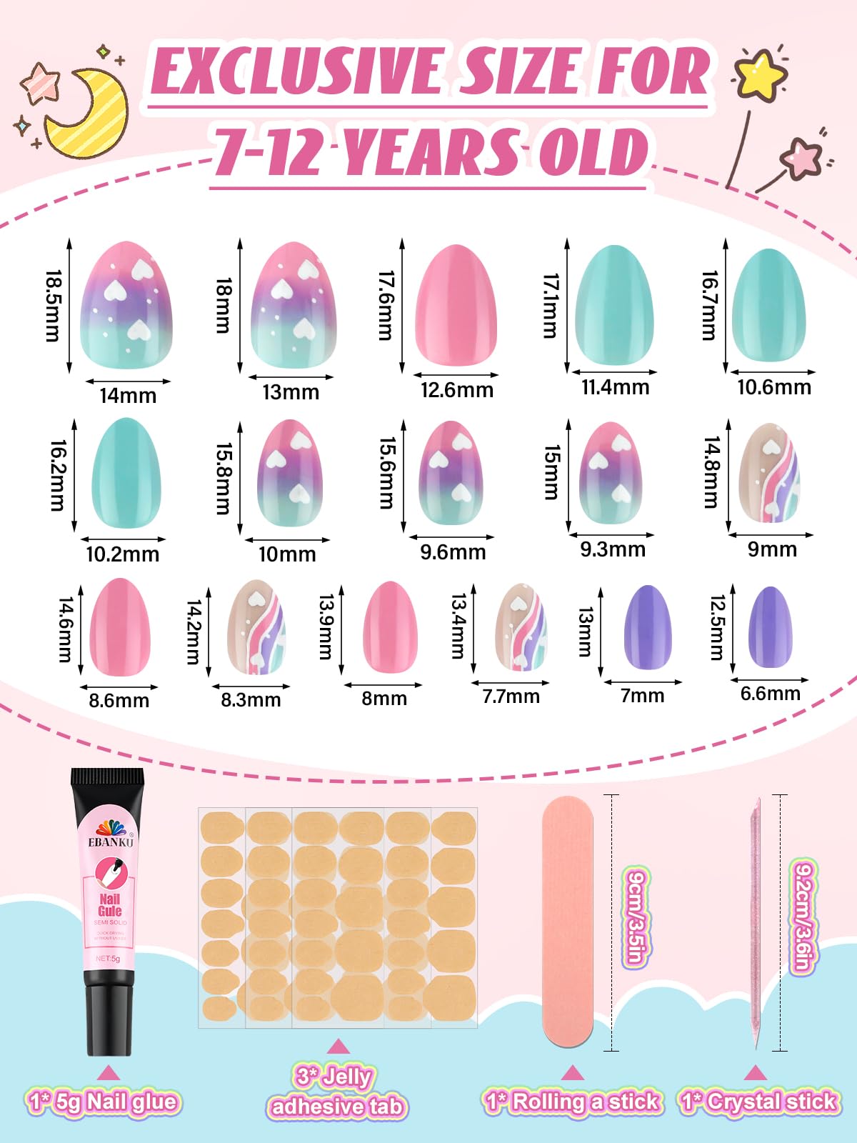 EBANKU Kids Press On Nails 96PCS 3 Pack Full Size Cute Set