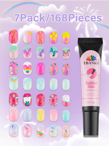 EBANKU 78Pcs Kids Press On Nails Pink Cloud Flower Set