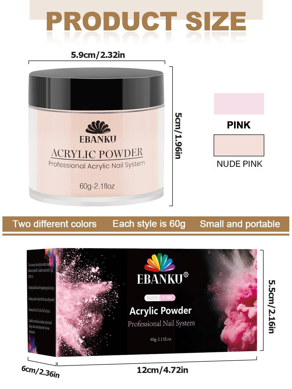 EBANKU Nude Pink Acrylic Powder Set 2x60g Nail Extension Powder