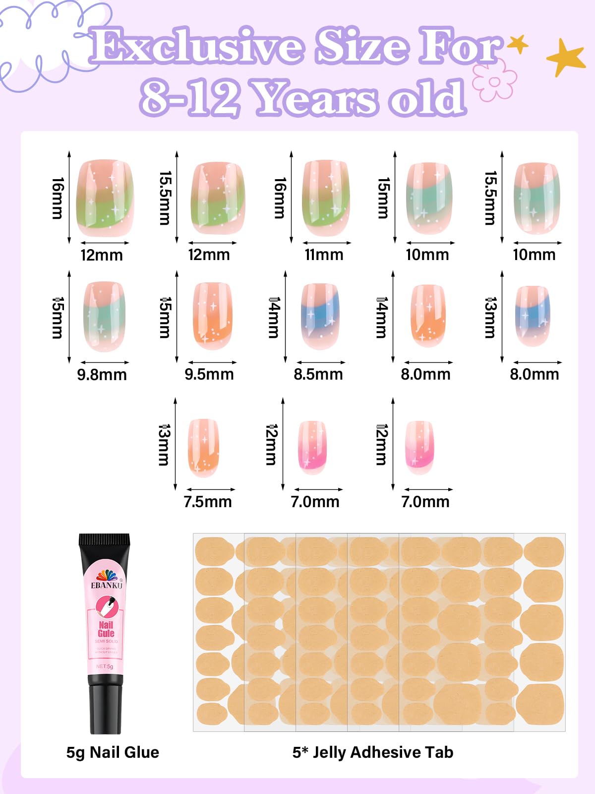 EBANKU 130PCS Kids Press On Nails 5 Pack French Flower Kit