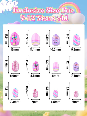 EBANKU 24PCS Almond Kids Press On Nails Candy Nail Kit for Girls
