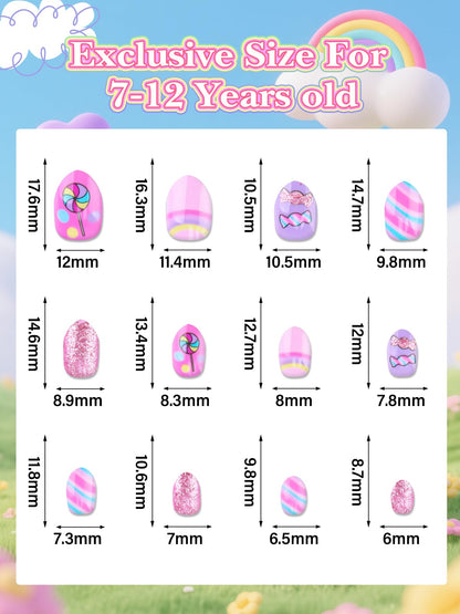 EBANKU 24PCS Almond Kids Press On Nails Candy Nail Kit for Girls