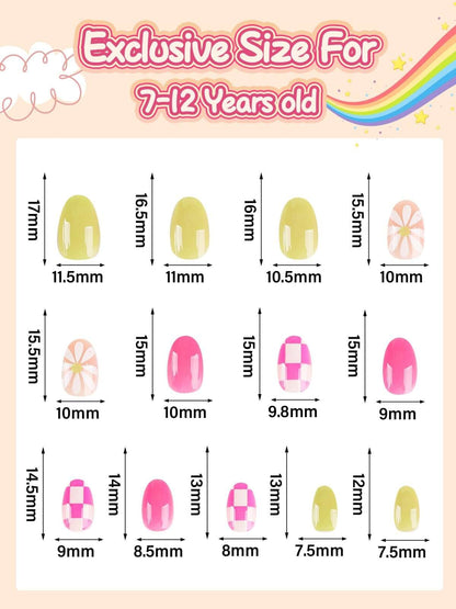 EBANKU 26Pcs Kids Press On Nails Floret Grid Set
