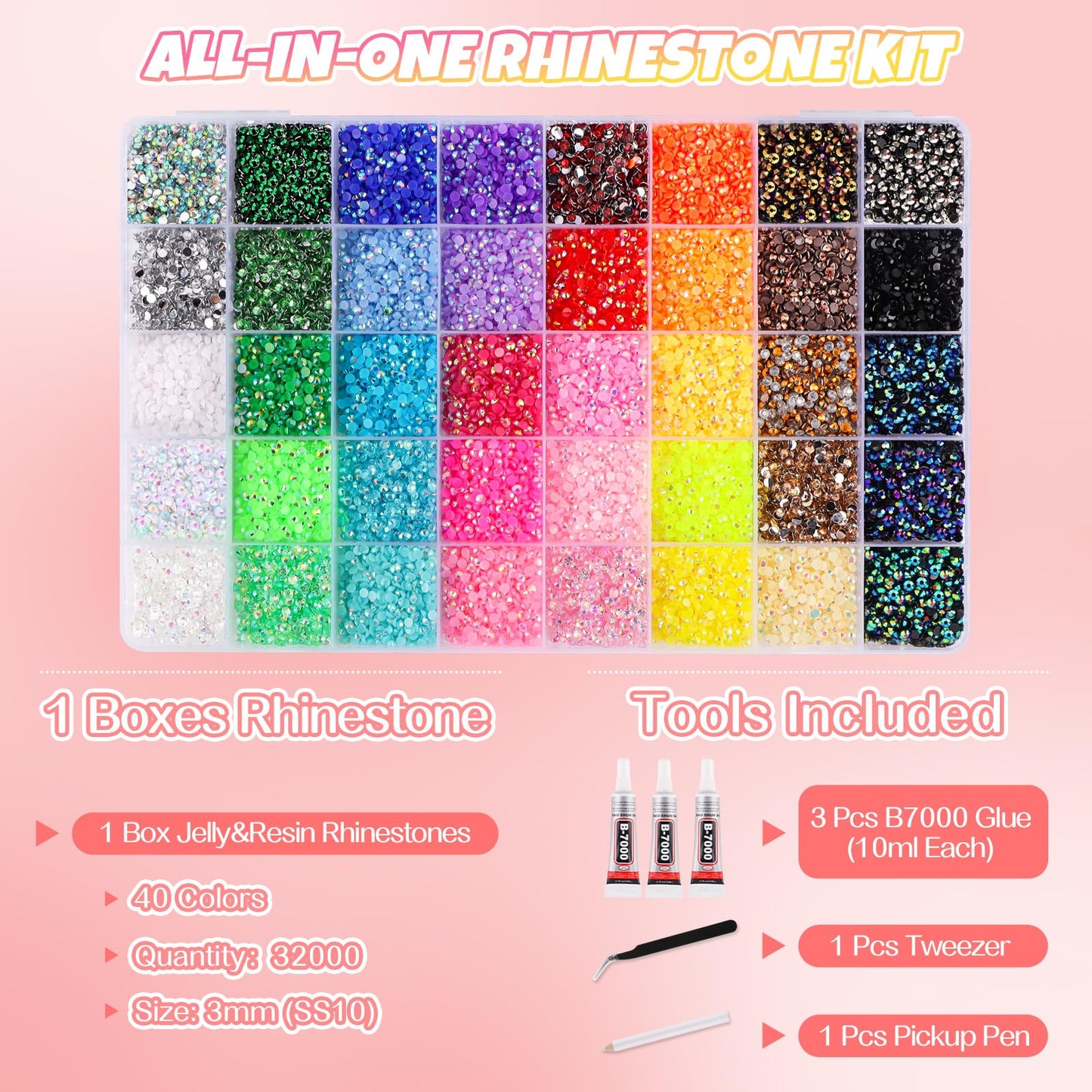 EBANKU 32000PCS Resin Jelly Rhinestones Kit 40 Colors 3MM