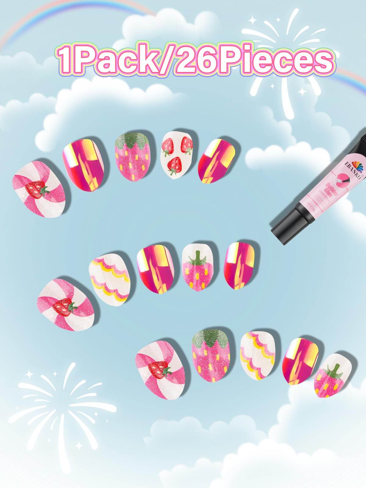 EBANKU Kids Strawberry Press On Nails 24PCS Almond Nail Kit