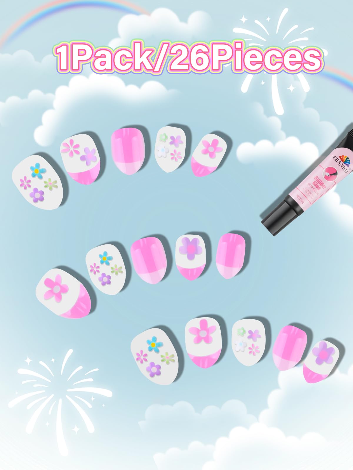 EBANKU 24PCS Mini Kids Press On Nails Fake Nail Kit for Girls