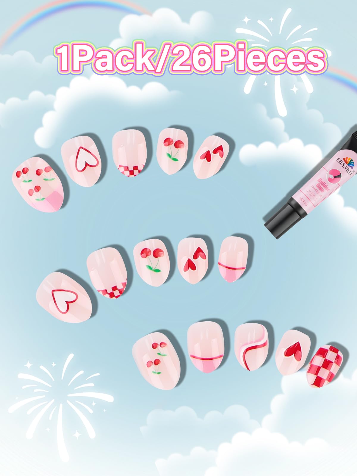 EBANKU 24PCS Kids Press On Nails Cherries Fake Nail Kit for Girls