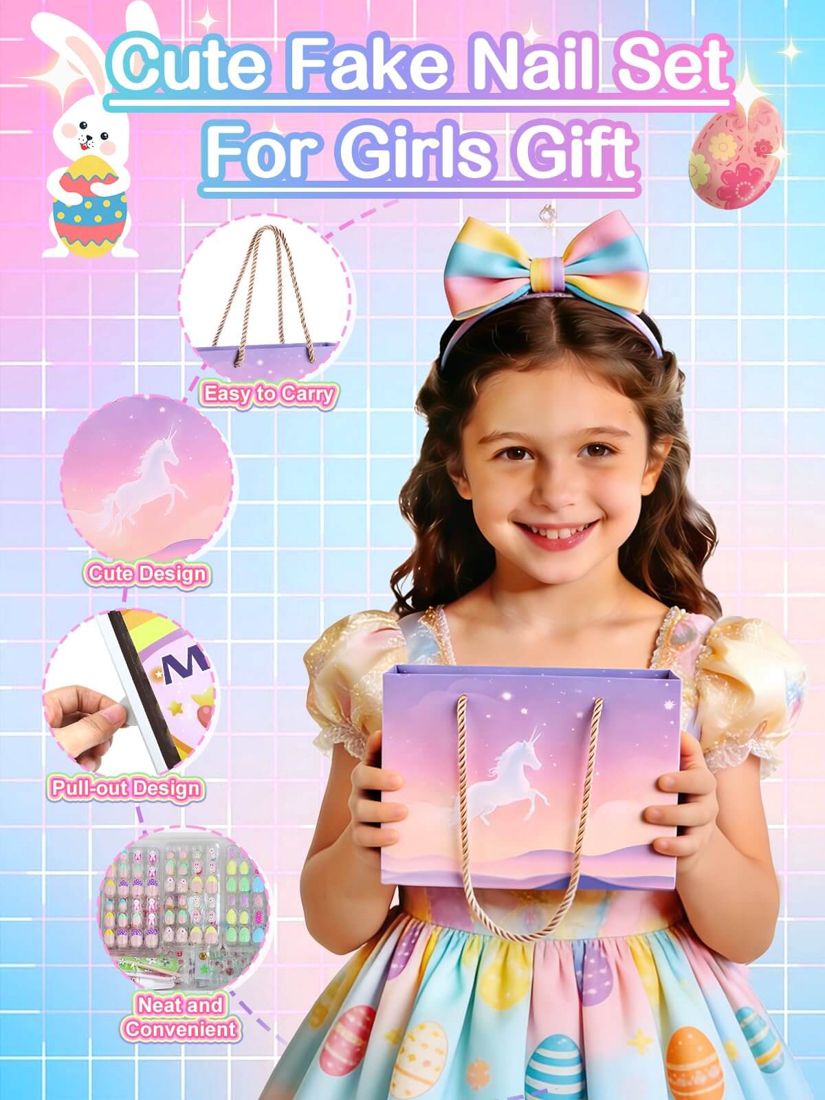 EBANKU Kids Press On Nails Gift Box, 156 Pcs Cute Fake Nails Set