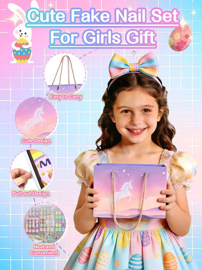 EBANKU Kids Press On Nails Gift Box, 156 Pcs Cute Fake Nails Set