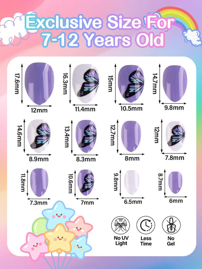 EBANKU 72PCS Kids Press On Nails Butterfly Flower Nail Kit