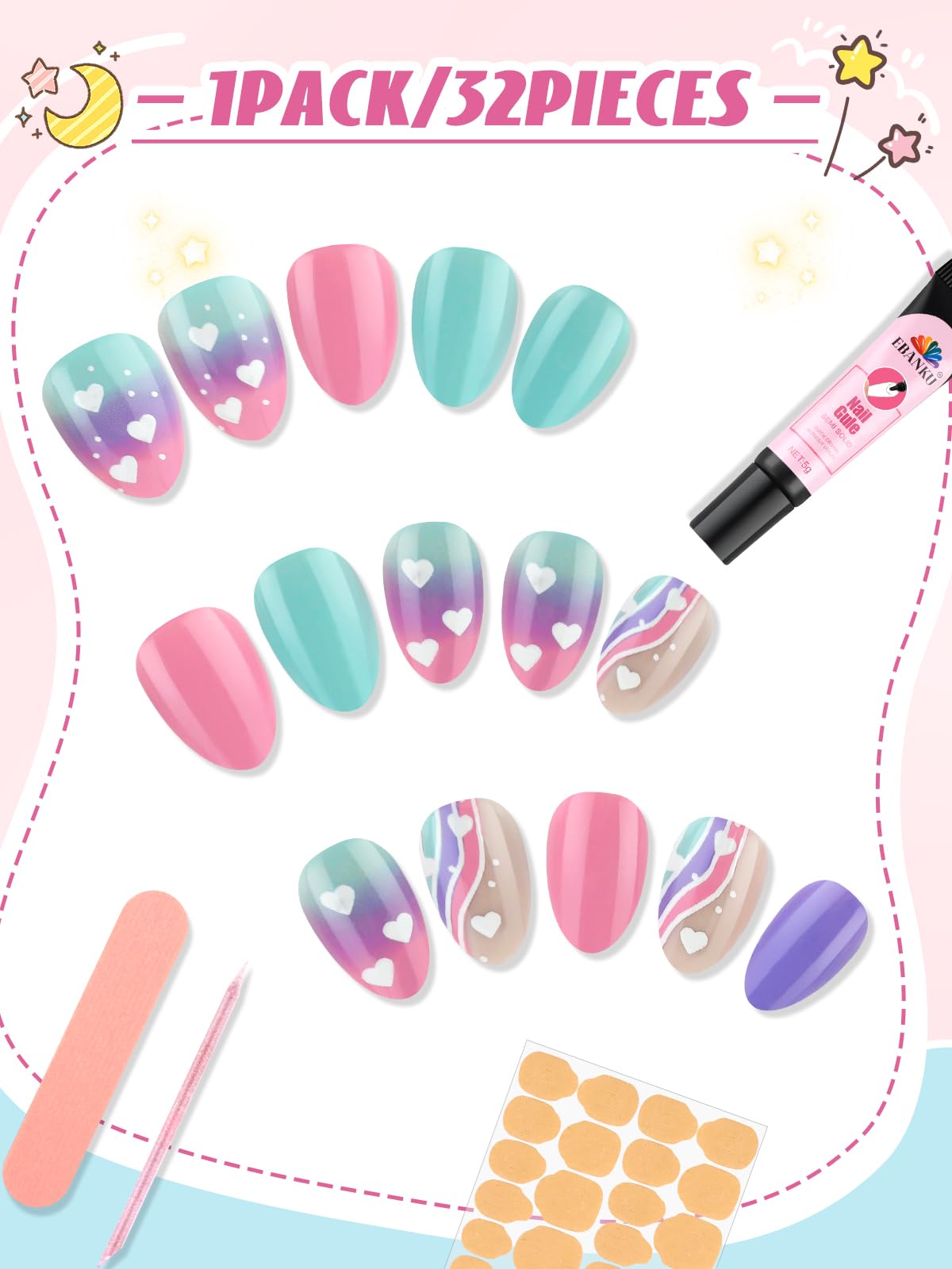 EBANKU Kids Press On Nails 96PCS 3 Pack Full Size Cute Set