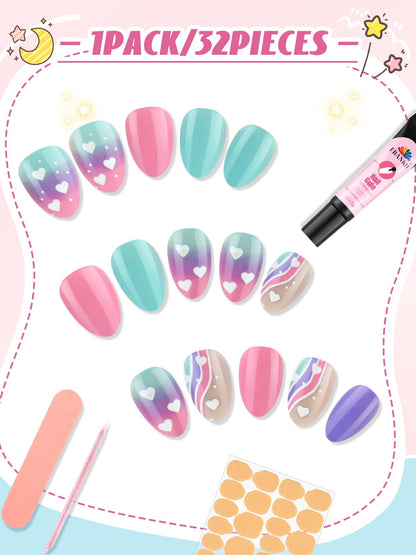 EBANKU Kids Press On Nails 96PCS 3 Pack Full Size Cute Set