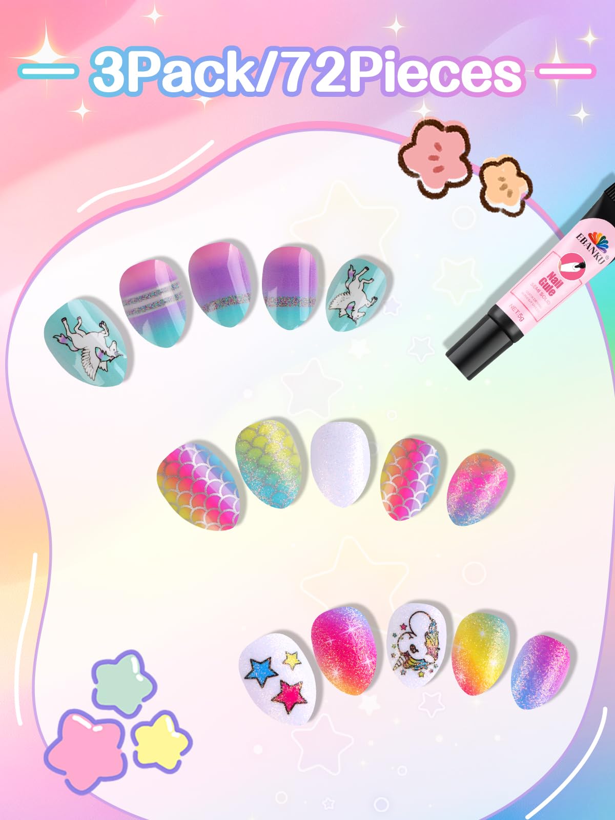 EBANKU 72PCS Kids Press On Nails Star Pattern Nail Kit for Girls