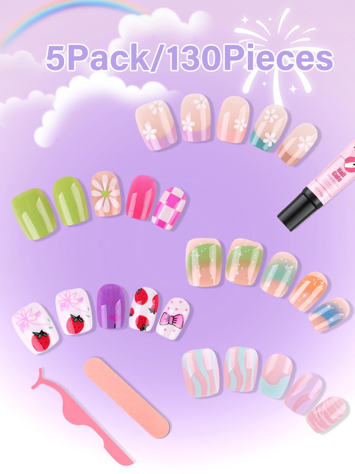 EBANKU 130PCS Kids Press On Nails 5 Pack French Flower Kit