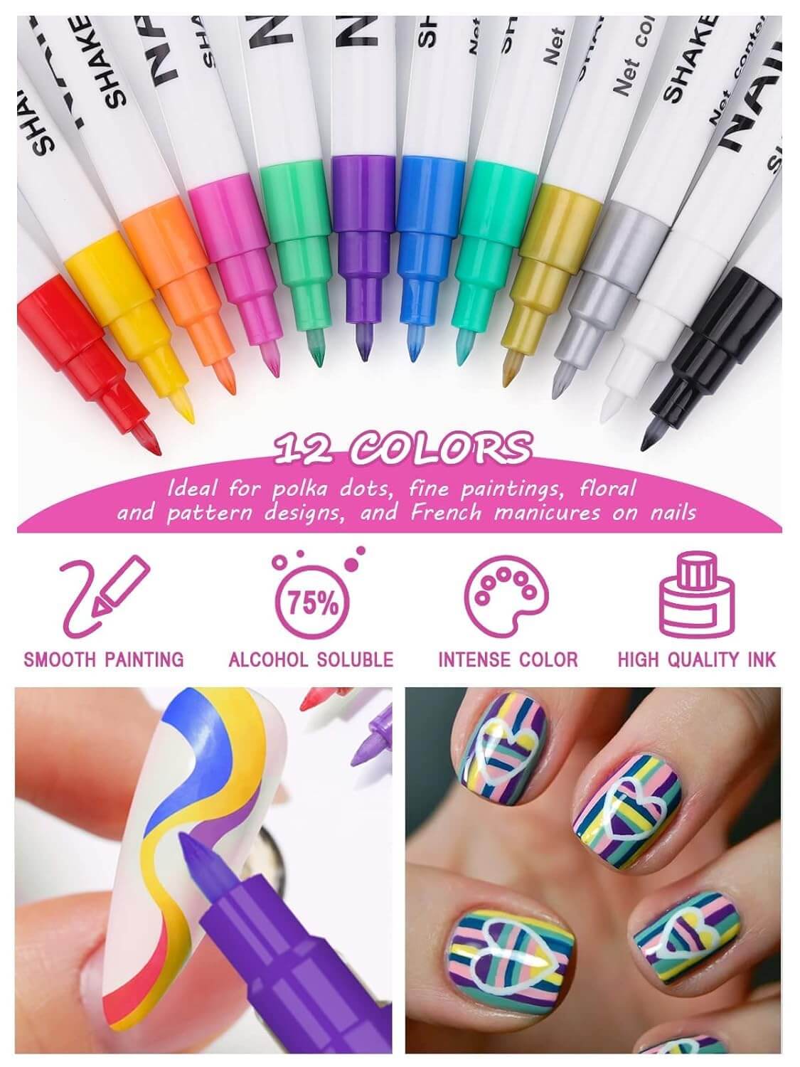 EBANKU 3D Nail Art Pens, 12-Color DIY Manicure Set