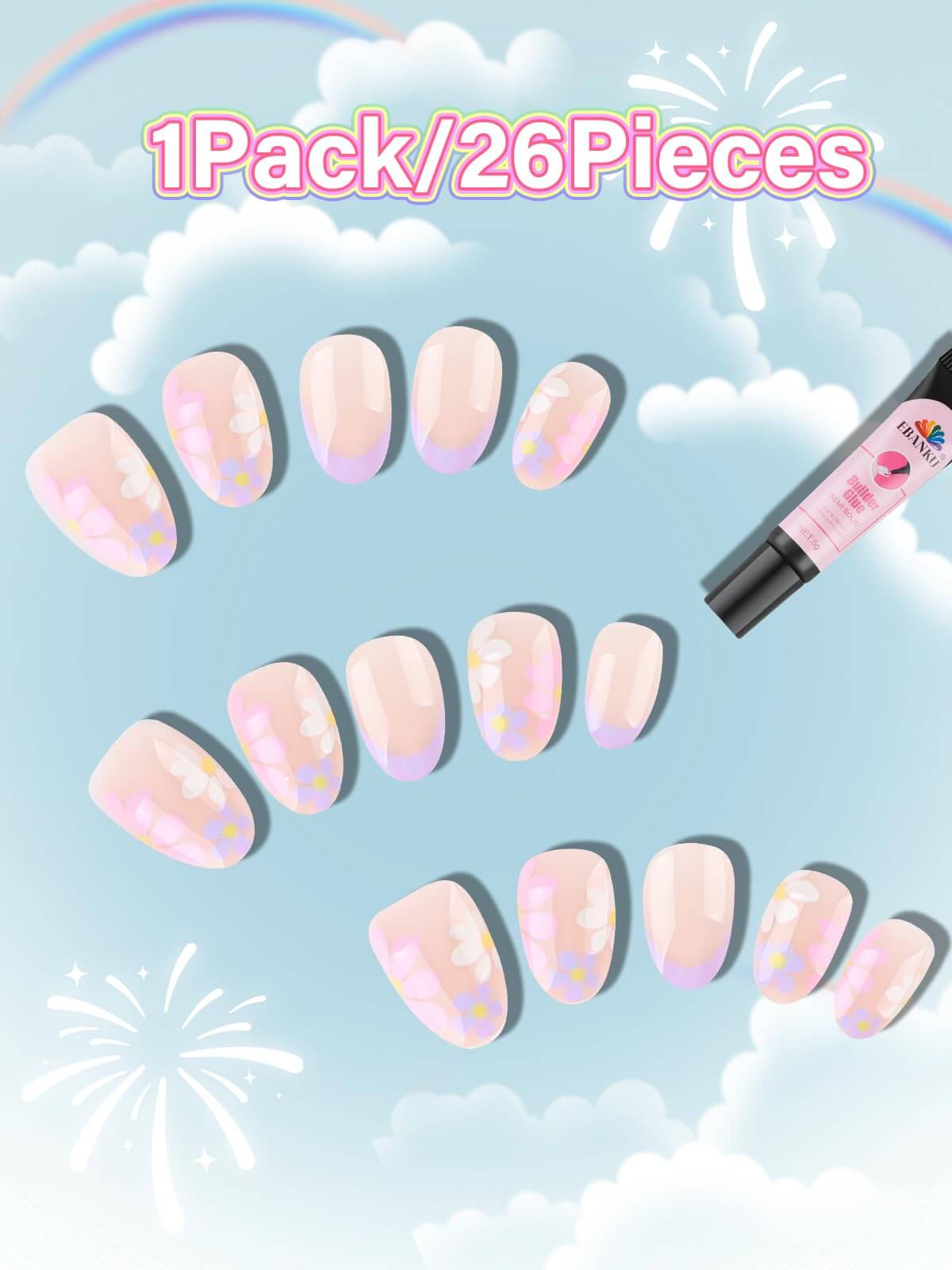 EBANKU Kids Press On Nails 26PCS Almond Fake Nail Kit with Glue