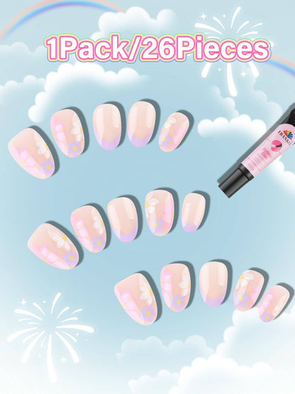 EBANKU Kids Press On Nails 26PCS Almond Fake Nail Kit with Glue