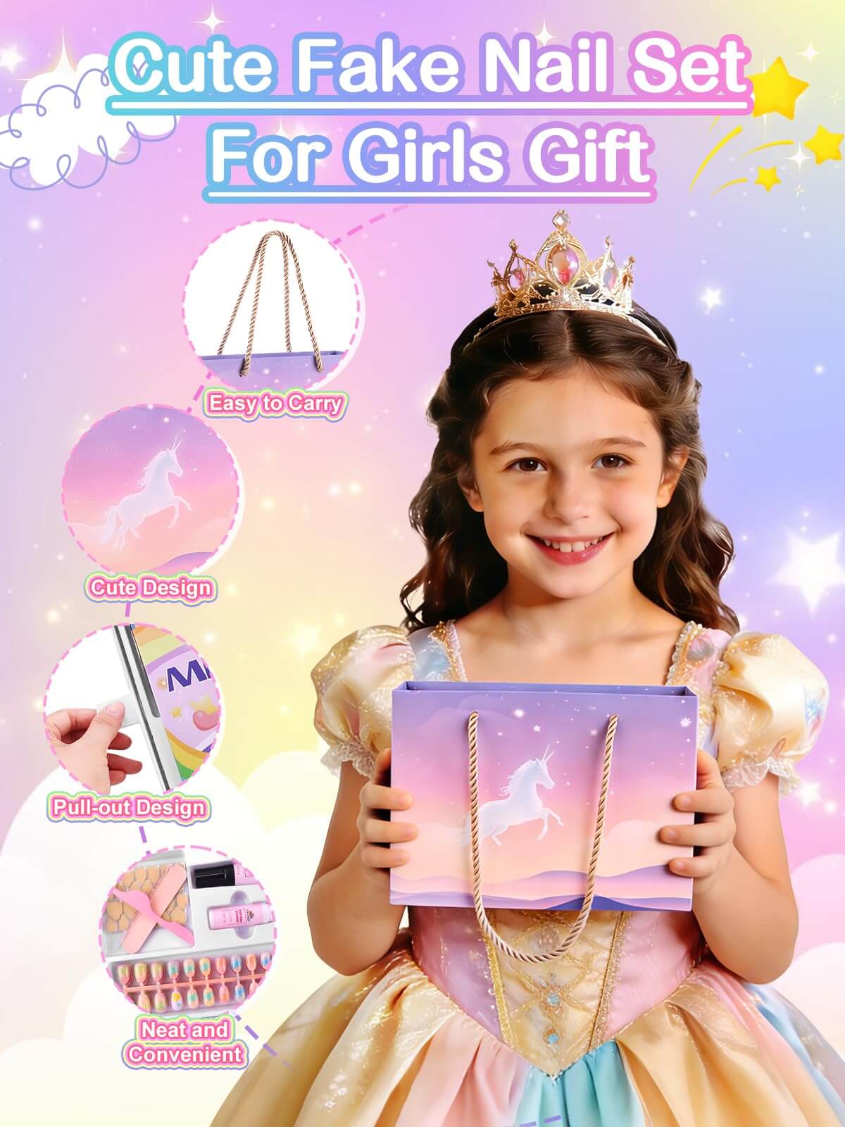 EBANKU 156PCS Kids Press On Nails Gift Set 6 Styles with Glue