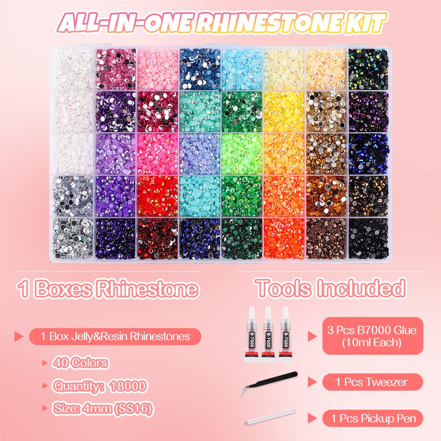 EBANKU 40 Color 4MM Resin Jelly Rhinestones Bedazzling Kit